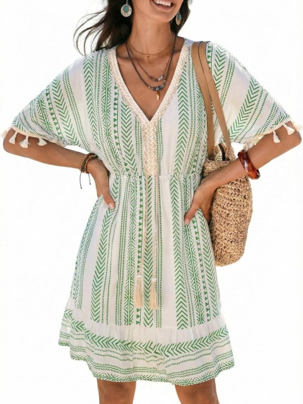 Boho Paisley V-Neck Mini Dress with Tassel Trim | Short Sleeve Summer Style